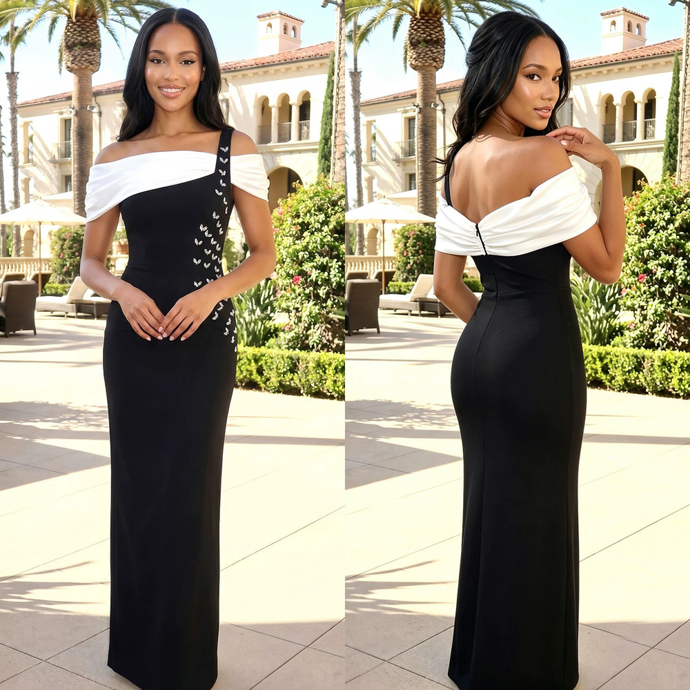 ZARA Off Shoulder Luxe Long Mermaid Rhinestone Bodycon Evening Gown